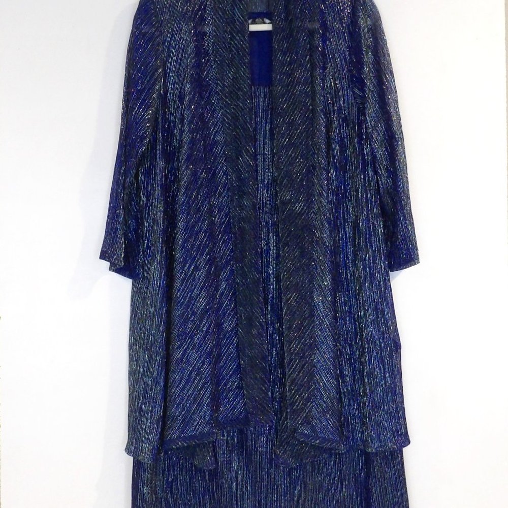 NAVY BLUE METALLIC EVENING DRESS WITH SHEER DUSTER R&M RICHARDS BRAND 16W